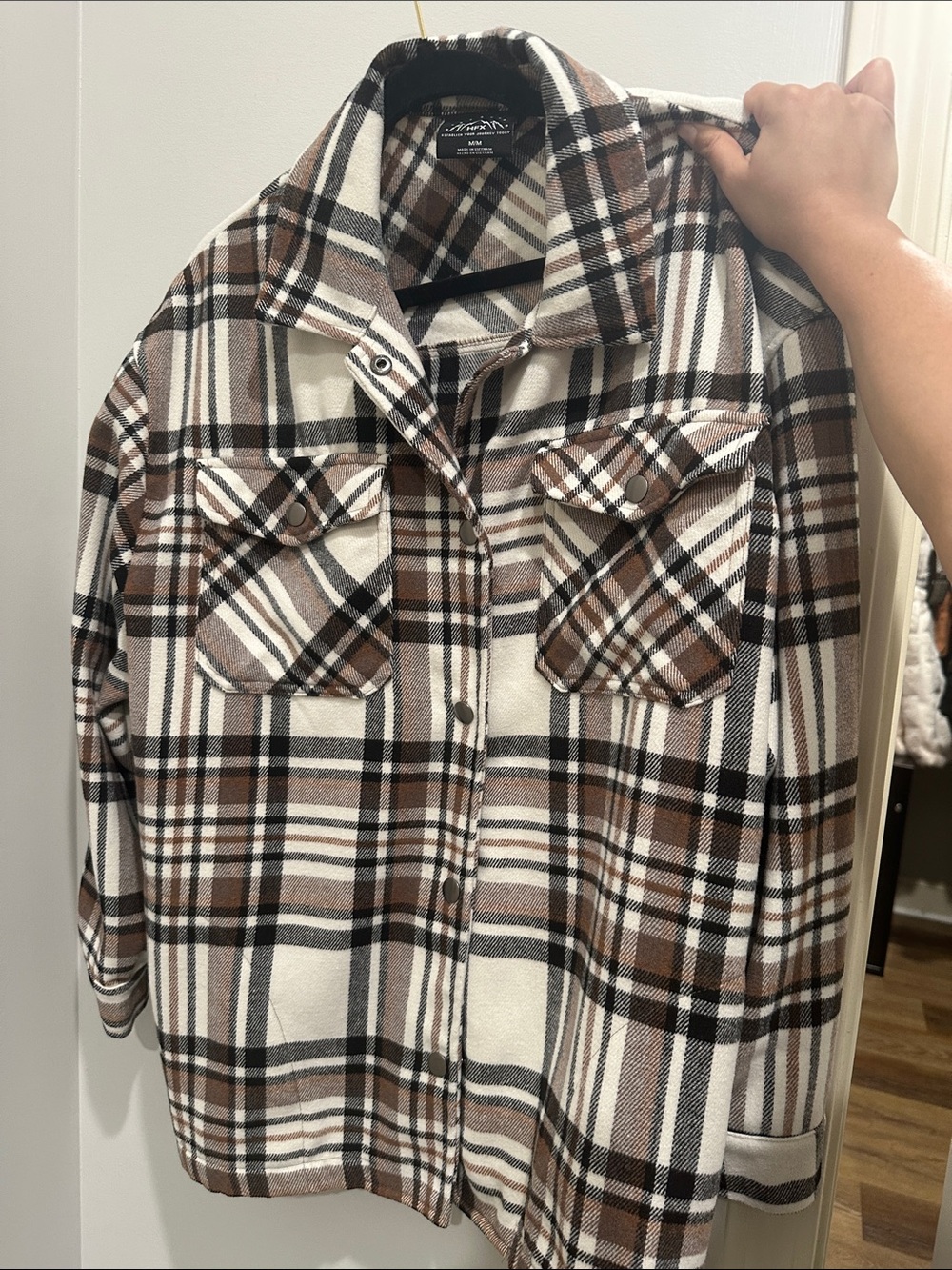 Plaid Button-Down Shirt Jacket - Brown/White